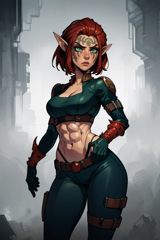 Ashelin, pointy ears, green eyes, facial mark, short hair, abs, standing, serious expression, closed fists, Solo, cowboy shot,
Aclothes,black gloves,highleg panties,midriff,belt,boots, pants,
(insanely detailed, beautiful detailed face, masterpiece, beautiful detailed eyes, best quality)