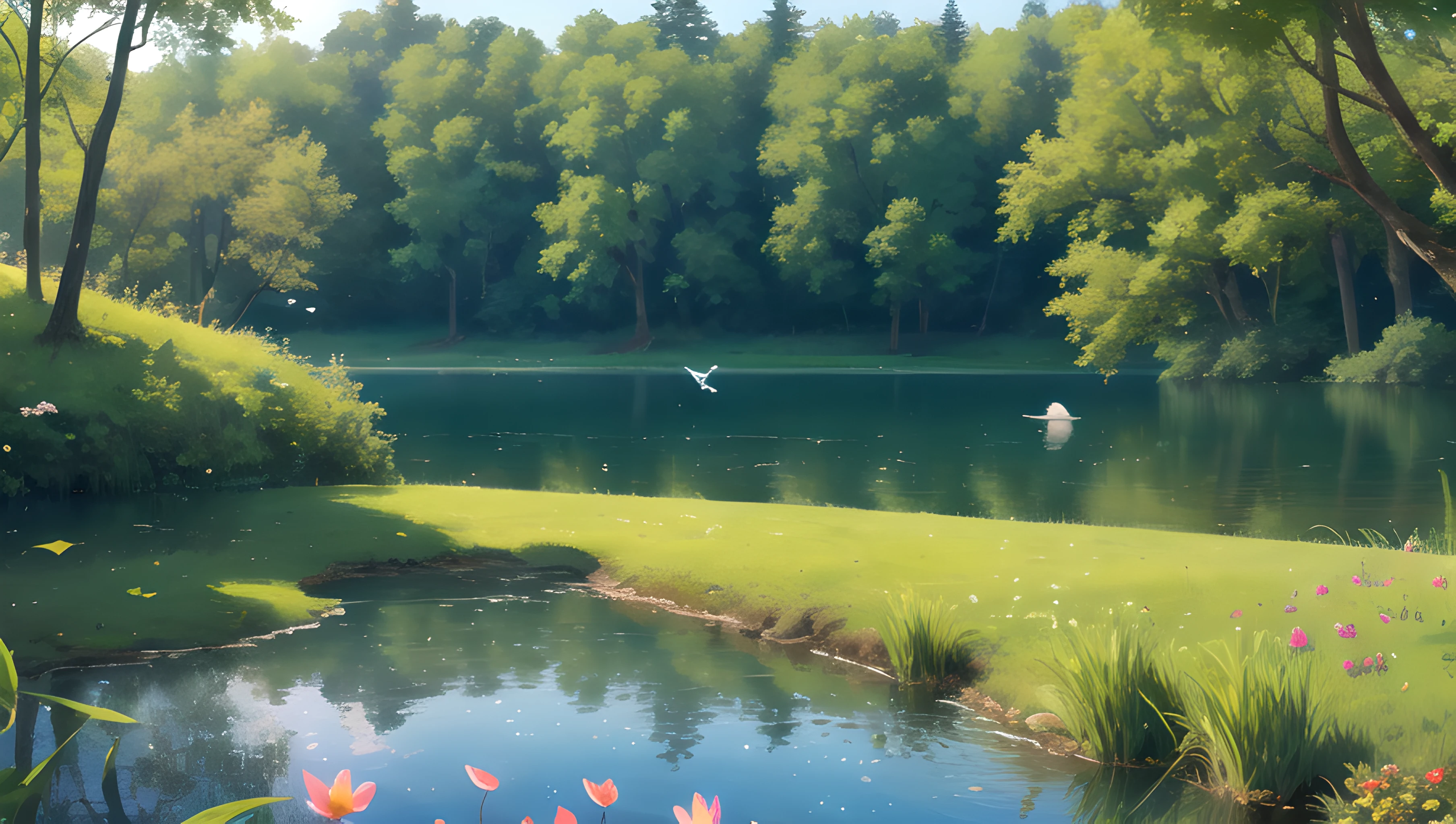 (masterpiece, best quality, absurdres), ultra detailed, beautiful, no humans, panorama, day, summer, sunlight, forest, lake, water, reflective water, sparkle, bird, flower