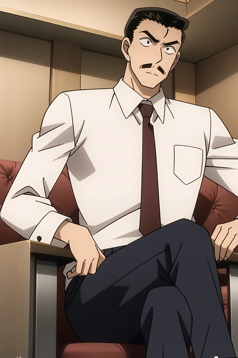 ((masterpiece)),((best quality)),ultra-detailed,illustratio,wallpaper,ultra highres,4K,photography,Mouri Kogorou,1boy, male focus, necktie, solo, formal, suit, black eyes, mustache, black hair, sitting, phone, holding, shirt, short hair, white shirt, collared shirt, indoors, pants, long sleeves, blue pants, closed mouth, red necktie, jacket, signature, crossed legs, thick eyebrows, brown necktie, black necktie,official style,anime screencap,meitantei conan,amusement park,<lora:Mouri Kogorou_:0.7>,Black leather shoes,Suit pants,