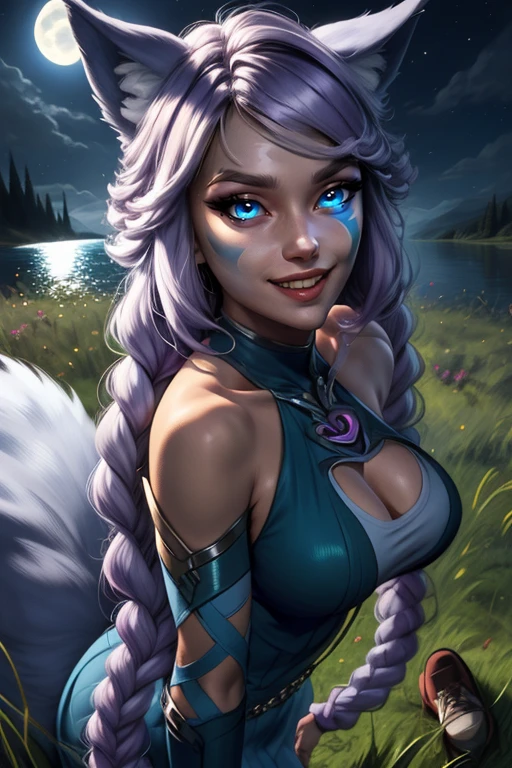 Io,blue eyes,braid, wolf ears, wolf tail,very long light purple hair,lips,facial mark,twin braids,nail polish, fang, smiling, close up, cowboy shot,
night time, moonlight, grass, lake,
(insanely detailed, beautiful detailed face, masterpiece, best quality) <lora:Io:0.8>