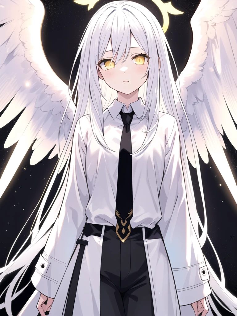 (masterpiece, best quality:1.3), (ultra-detailed:1.3), 1girl, solo, (white hair, messy hair, long hair), (angel wings, angel halo), flat chest, yellow eyes, (white shirt, black necktie, black coat, open coat), cowboy shot, cinematic lighting, (((glowing light particles))), (arms behind back), dynamic angle,