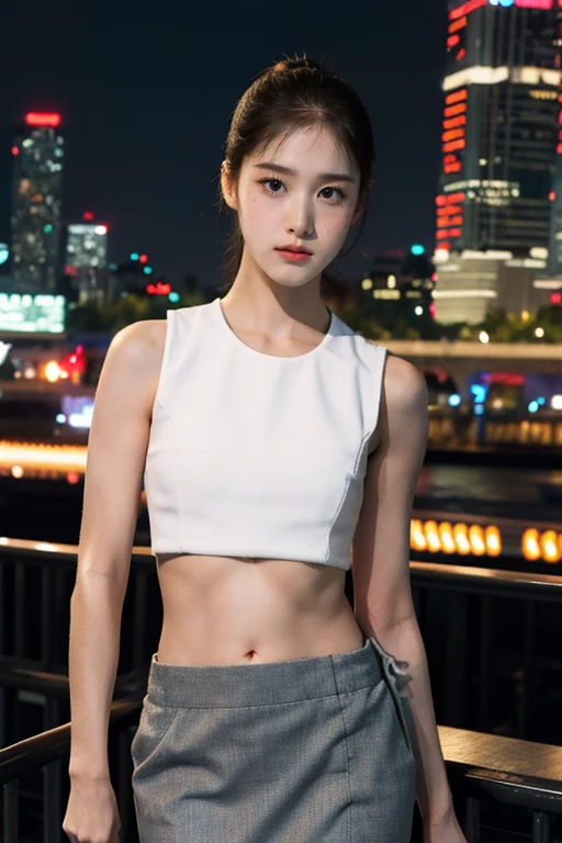 nikon RAW photo,8 k,Fujifilm XT3,close up photo, masterpiece, best quality, 1girl,solo,realistic, photorealistic, (extremely detailed face), looking at viewer, ultra-detailed eyes and pupils, ultra detailed, high ponytail, serious expression, standing against a city skyline at night, business suits,shirts,Suit skirt, (((abs))), <lora:jlorashy:1>