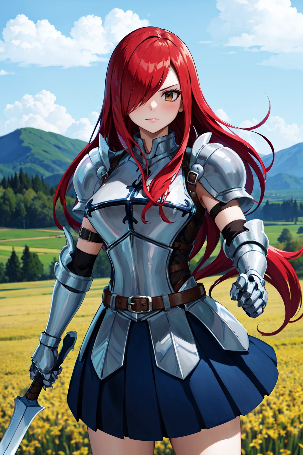 masterpiece, best quality, highres, fairy tail, 1girl, long hair, red hair, brown eyes, armor, shoulder armor, gauntlets, breastplate, armored dress, belt, pleated skirt, blue skirt, hair over one eye, <lora:erza_v1:0.8>, field, grass, standing, cowboy shot, holding weapon, sword,