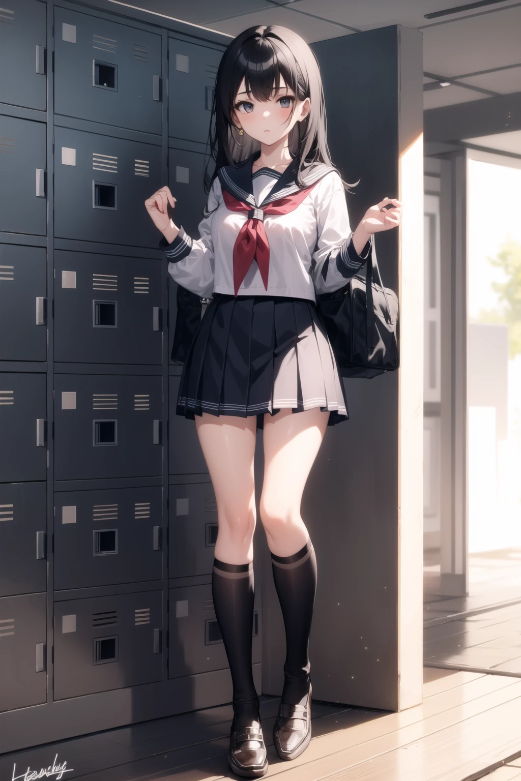 <lora:school_lockers_v0.5:1>
1girl, lockers, school uniform, blue sailor collar, red neckerchief, full body,, masterpiece, best quality, highly detailed