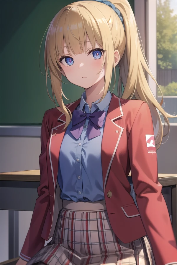 keikaruizawa, <lora:keikaruizawatest:1>, kei karuizawa, long hair, bangs, blunt bangs, (purple eyes:1.1), blonde hair, shirt, hair ornament, ponytail, scrunchie, blue scrunchie, (small breast:1.2),
BREAK skirt, shirt, bow, school uniform, jacket, (red jacket:1.2), pleated skirt, bowtie, sweater, (blue bow:1.2), (blue shirt:1.2),
BREAK indoors, classroom,
BREAK looking at viewer, BREAK <lora:GoodHands-vanilla:1>, (masterpiece:1.2), best quality, high resolution, unity 8k wallpaper, (illustration:0.8), (beautiful detailed eyes:1.6), extremely detailed face, perfect lighting, extremely detailed CG, (perfect hands, perfect anatomy),