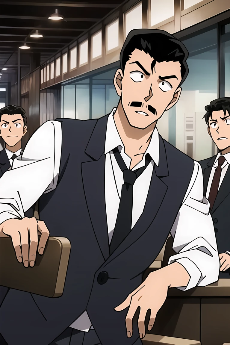 ((masterpiece)),((best quality)),ultra-detailed,illustratio,wallpaper,ultra highres,4K,photography,Mouri Kogorou,male focus, necktie, formal, suit, mustache, 1boy, blue necktie, short hair, shirt, solo focus, black hair, simple background, pants, white shirt, purple necktie, black eyes, long sleeves, collared shirt, multiple boys, black pants, black suit, brown hair, black jacket, 2boys, jacket, teeth, thick eyebrows, vest, wide-eyed, brown background, solo, clenched teeth,official style,anime screencap,meitantei conan,amusement park,<lora:Mouri Kogorou_:0.7>,Black leather shoes,Suit pants,