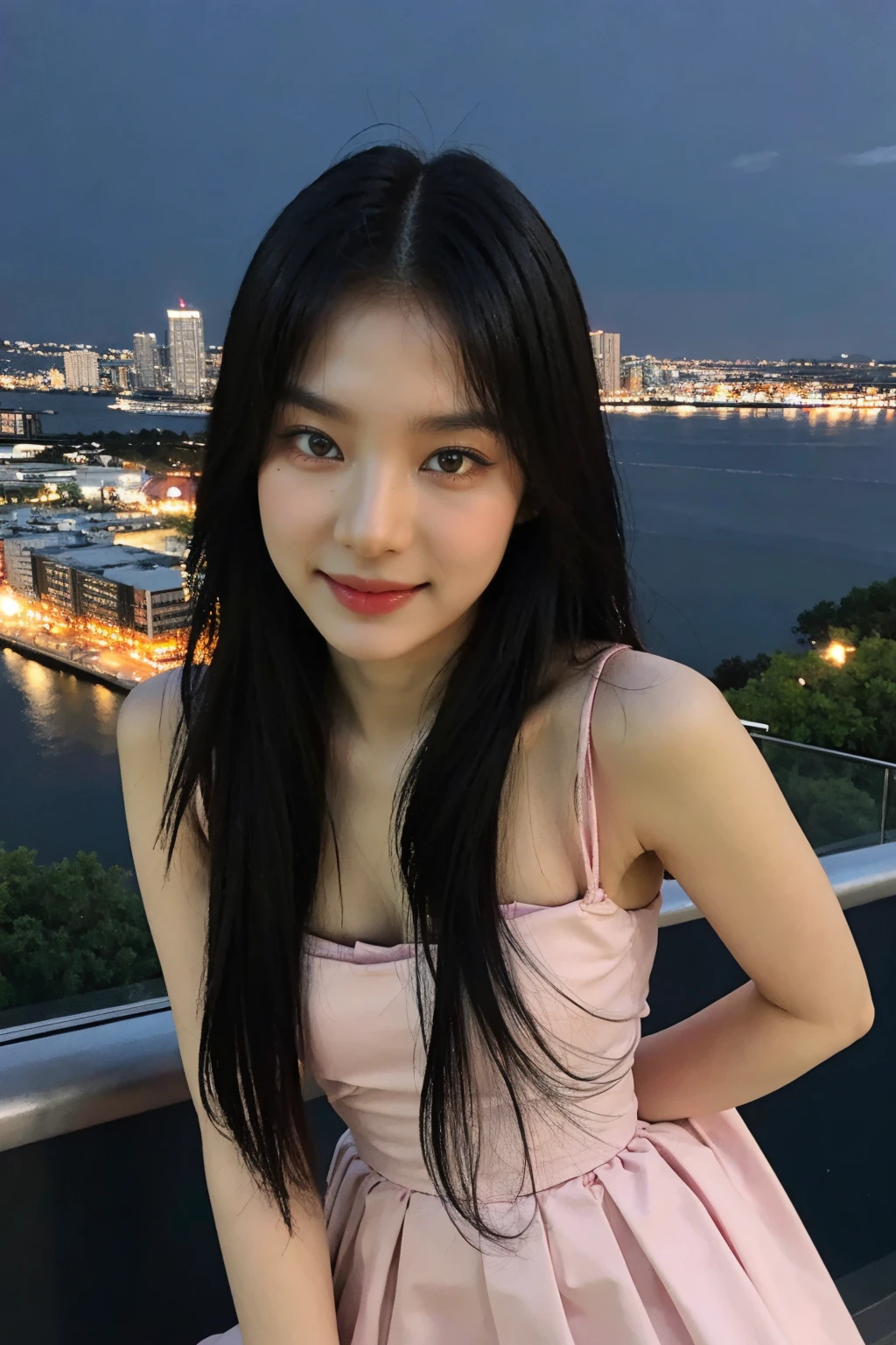 nikon RAW photo,8 k,Fujifilm XT3,close up photo, masterpiece, best quality, 1girl,solo,realistic, photorealistic, (extremely detailed face), ultra-detailed eyes and pupils, looking at viewer,  ultra detailed, serious expression, slender figure, standing against a city skyline at night, (tight dress), sleeveless, tiny waist, big hip, smile, <lora:isalorashy:1>