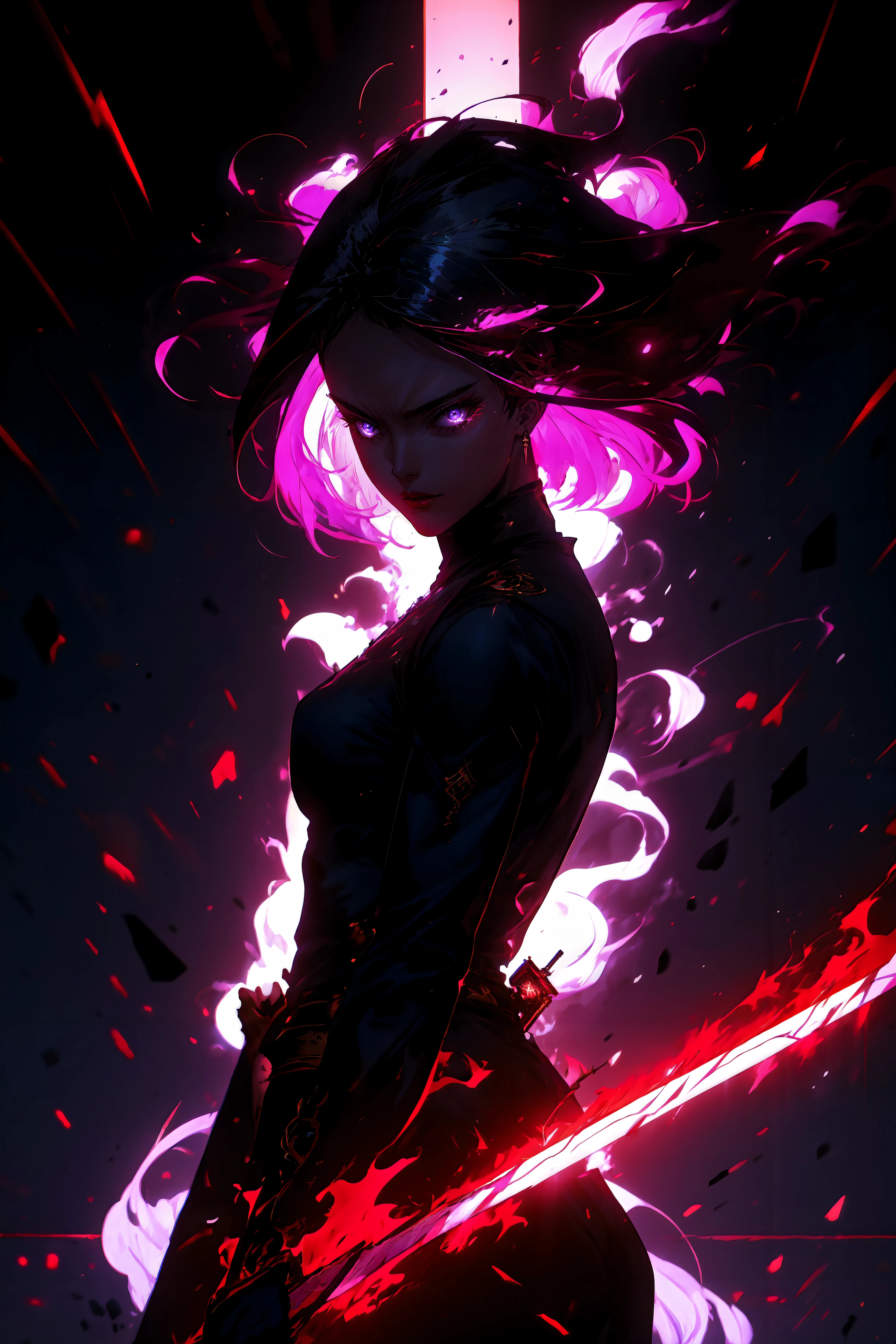 masterpiece, best quality, ultra high res, beautiful, visually stunning, elegant, incredible details,  award-winning painting, (dark art:1.1), deep shadow, (dark theme:1.2),   <lora:r1ge - AnimeRage-000011:1>, r1ge, glowing, aura, energy, beam, flying debris, [serious|angry], floating hair, 1girl, muscular, sword, holding sword,