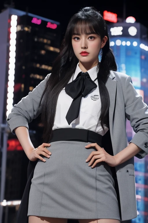 nikon RAW photo,8 k,Fujifilm XT3,close up photo, masterpiece, best quality, 1girl,solo,realistic, photorealistic, (extremely detailed face), ((looking at viewer)),  ultra-detailed eyes and pupils, ultra detailed, high ponytail, serious expression, standing against a city skyline at night, business suits,shirts,Suit skirt, ((abs)), hand on hip, <lora:yoonlorashy:0.9>