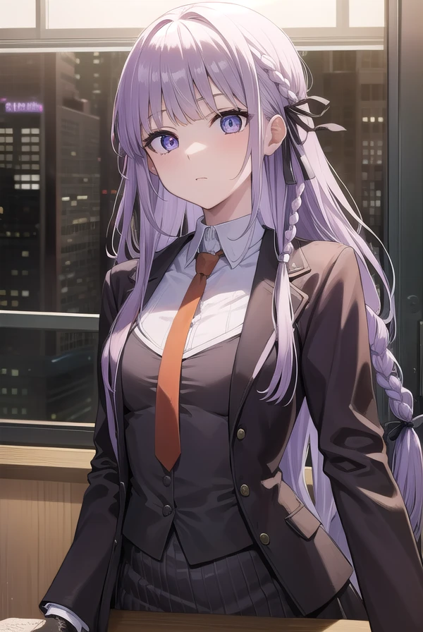 kyokokirigiri, <lora:kyokokirigiritest:1>, kyoko kirigiri, (braid:1.1), hair behind ear, long hair, (side braid:1.1), light purple hair, hair ribbon, ribbon, (purple eyes:1.1), (small breast:1.2),
BREAK black gloves, brown necktie, collared shirt, gloves, jacket, necktie, orange necktie, shirt, side braid, white shirt,
BREAK indoors, classroom,
BREAK looking at viewer,
BREAK <lora:GoodHands-vanilla:1>, (masterpiece:1.2), best quality, high resolution, unity 8k wallpaper, (illustration:0.8), (beautiful detailed eyes:1.6), extremely detailed face, perfect lighting, extremely detailed CG, (perfect hands, perfect anatomy),