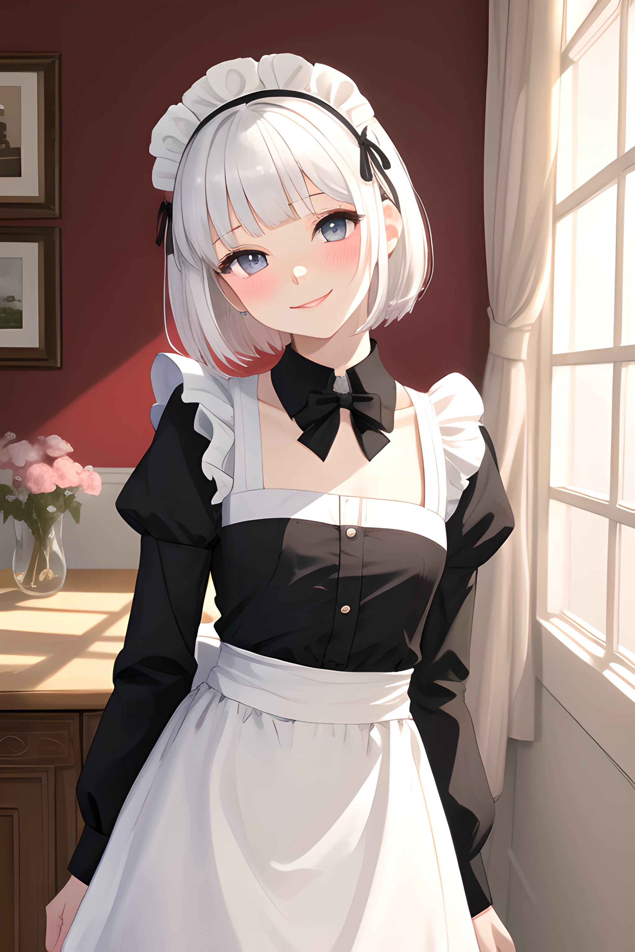 (masterpiece, best quality, absurdres), 1girl, white hair, short straight hair, blunt bangs, flat chest, narrow waist, grey eyes, petals, pale skin, mansion, indoors, maid, maid headdress, maid apron, cowboy shot, blush, light smile, head tilt, bowing