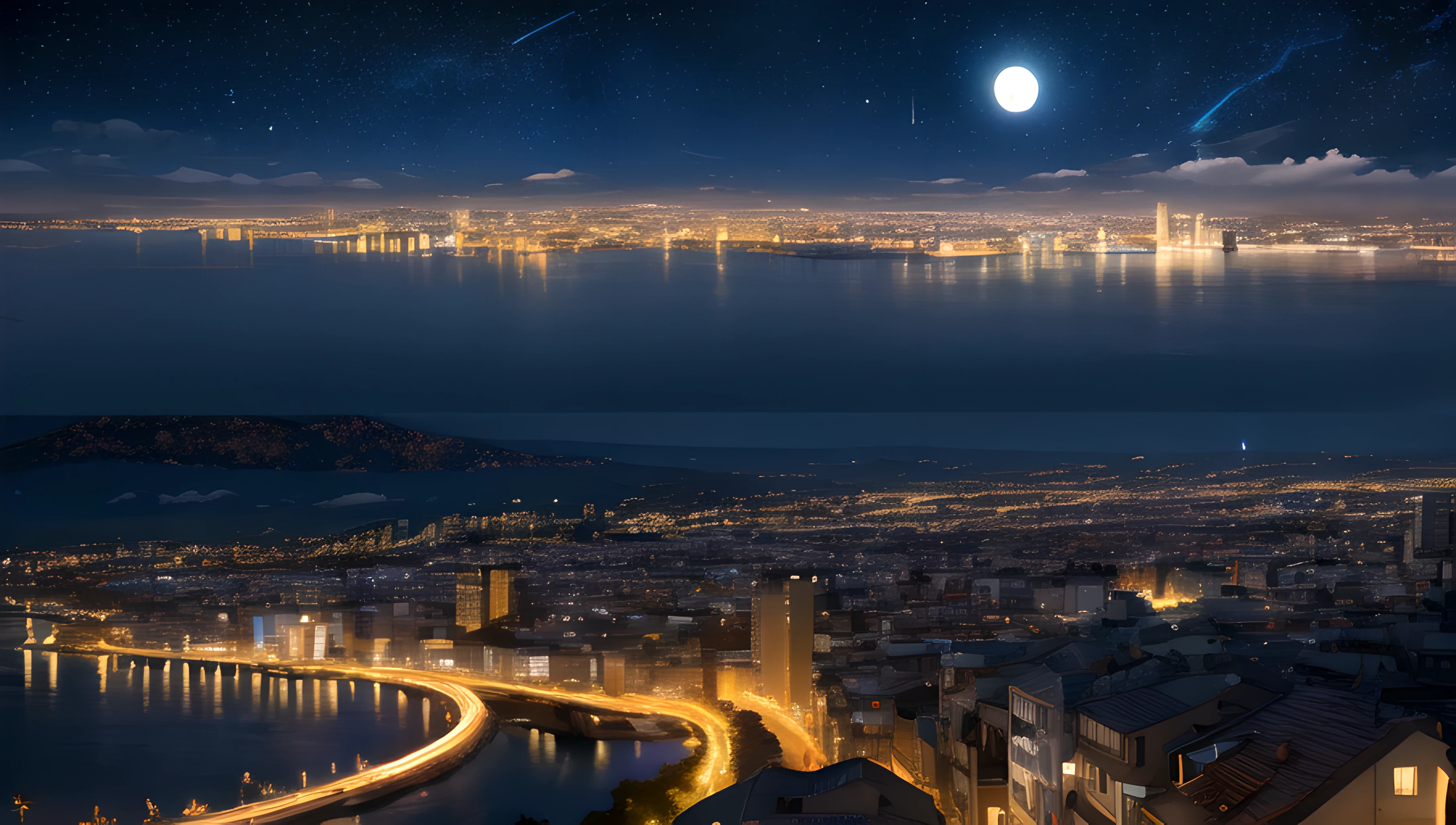 (masterpiece, best quality, absurdres), ultra detailed, beautiful, no humans, panorama, night, night sky, full moon, starry sky, shooting star, city, cityscape, city lights, building