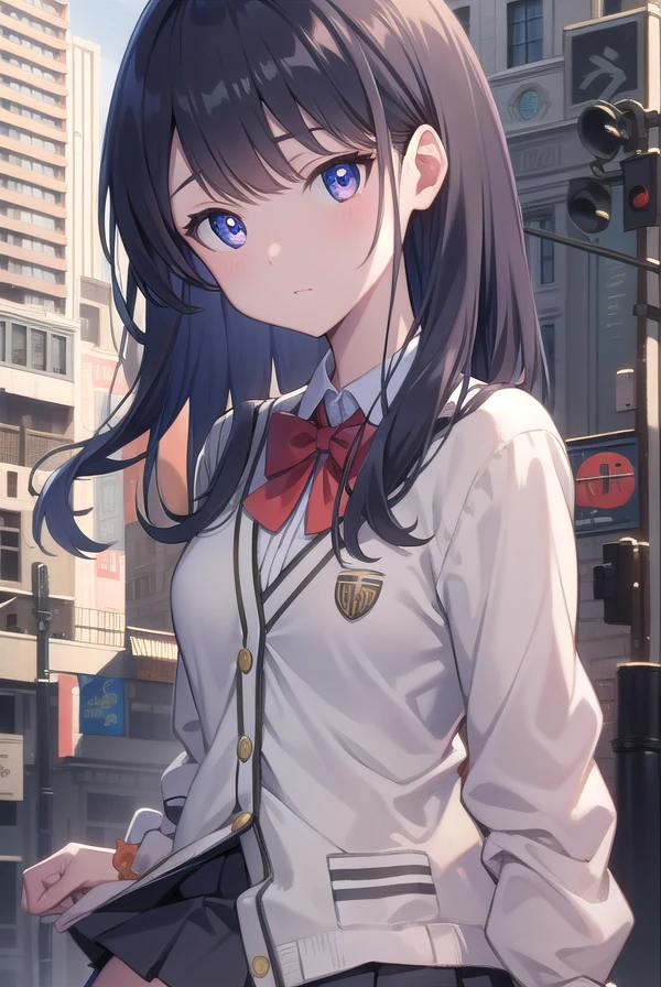 rikkatakarada, <lora:rikkatakaradatest:1>, rikka takarada, black hair, blue eyes, long hair, orange scrunchie, scrunchie, wrist scrunchie, (small breast:1.2),
BREAK black footwear, black skirt, bow, bowtie, buttons, cardigan, collared shirt, long sleeves, microskirt, pleated skirt, red bow, red bowtie, red socks, school uniform, shirt, shoes, skirt, socks, thighs, white cardigan, white shirt,
BREAK outdoors, city,
BREAK looking at viewer, 
BREAK <lora:GoodHands-vanilla:1>, (masterpiece:1.2), best quality, high resolution, unity 8k wallpaper, (illustration:0.8), (beautiful detailed eyes:1.6), extremely detailed face, perfect lighting, extremely detailed CG, (perfect hands, perfect anatomy),