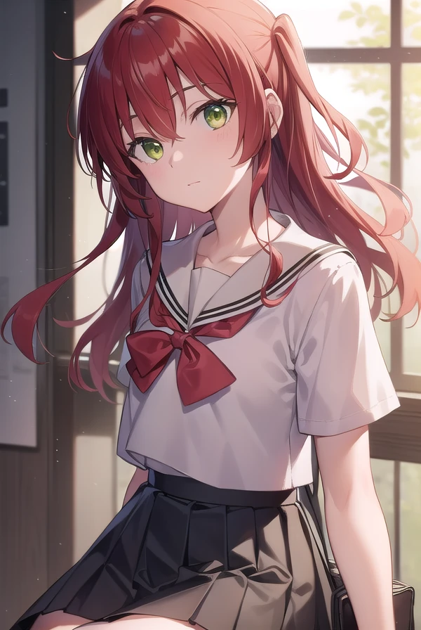 kitaikuyo, <lora:ikuyokitatest:1>, ikuyo kita, (green eyes:1.5), hair between eyes, long hair, one side up, red hair, (flat chest:1.2),
BREAK black footwear, black skirt, grey sailor collar, pleated skirt, sailor collar, school uniform, shoes, short sleeves, shuka high school uniform, skirt,,
BREAK looking at viewer,
BREAK indoors, classroom,
BREAK <lora:GoodHands-vanilla:1>, (masterpiece:1.2), best quality, high resolution, unity 8k wallpaper, (illustration:0.8), (beautiful detailed eyes:1.6), extremely detailed face, perfect lighting, extremely detailed CG, (perfect hands, perfect anatomy),