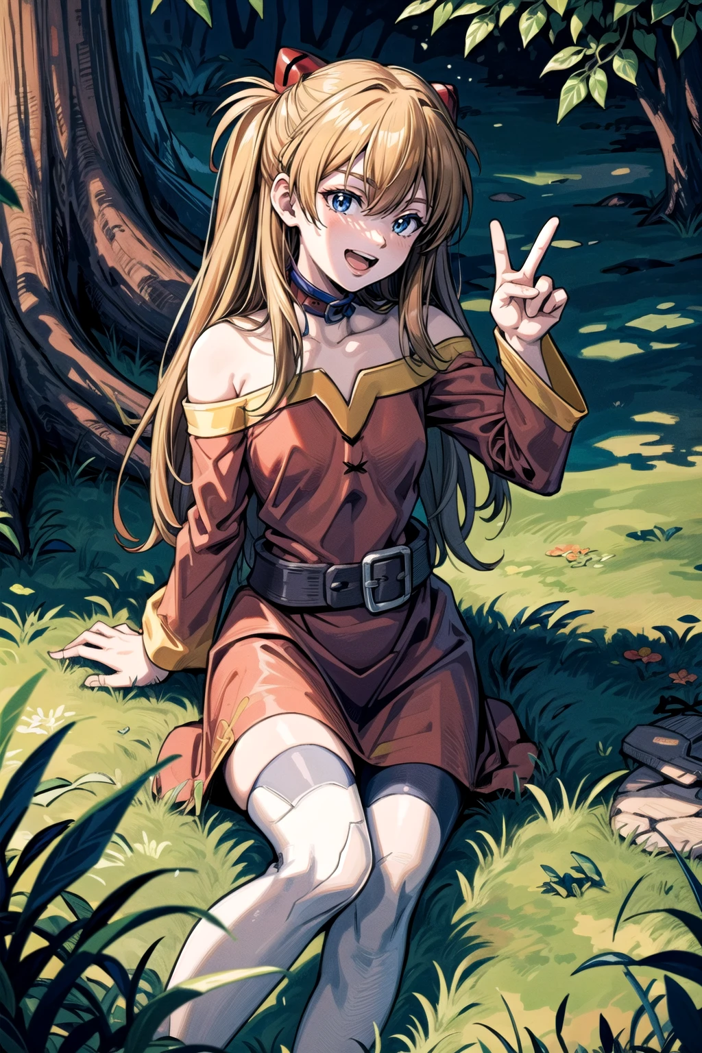 (masterpiece, best quality, detailed), 1girl, solo, outdoors, forest, nature, grass, tree, sunlight, light rays, flower, leaf, peace sign, smile, open mouth,
souryuu asuka langley, (mgmoutfit:1.25) <lora:AsukaLangleySouryuuV2-000015:1>  <lora:more_details:0.5>   <lora:KonosubaCostumePackV1_5-000010:1>