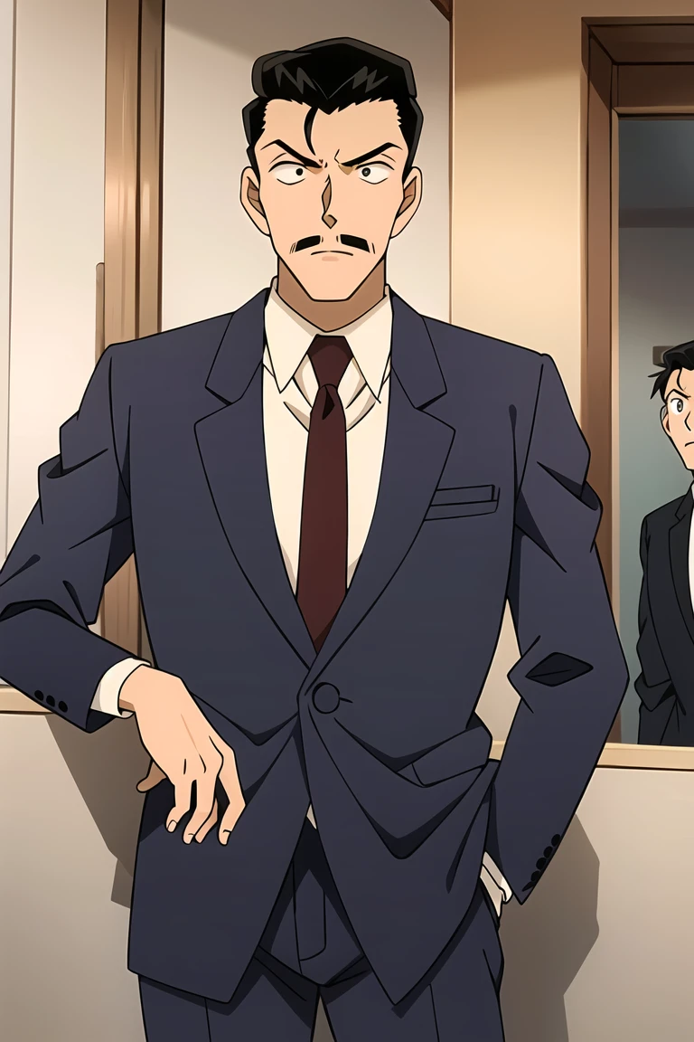 ((masterpiece)),((best quality)),ultra-detailed,illustratio,wallpaper,ultra highres,4K,photography,Mouri Kogorou,male focus, necktie, formal, suit, mustache, 1boy, blue necktie, short hair, shirt, solo focus, black hair, simple background, pants, white shirt, purple necktie, black eyes, long sleeves, collared shirt, multiple boys, black pants, black suit, brown hair, black jacket, 2boys, jacket, teeth, thick eyebrows, vest, wide-eyed, brown background, solo, clenched teeth,official style,anime screencap,meitantei conan,amusement park,<lora:Mouri Kogorou_:0.7>,Black leather shoes,Suit pants,