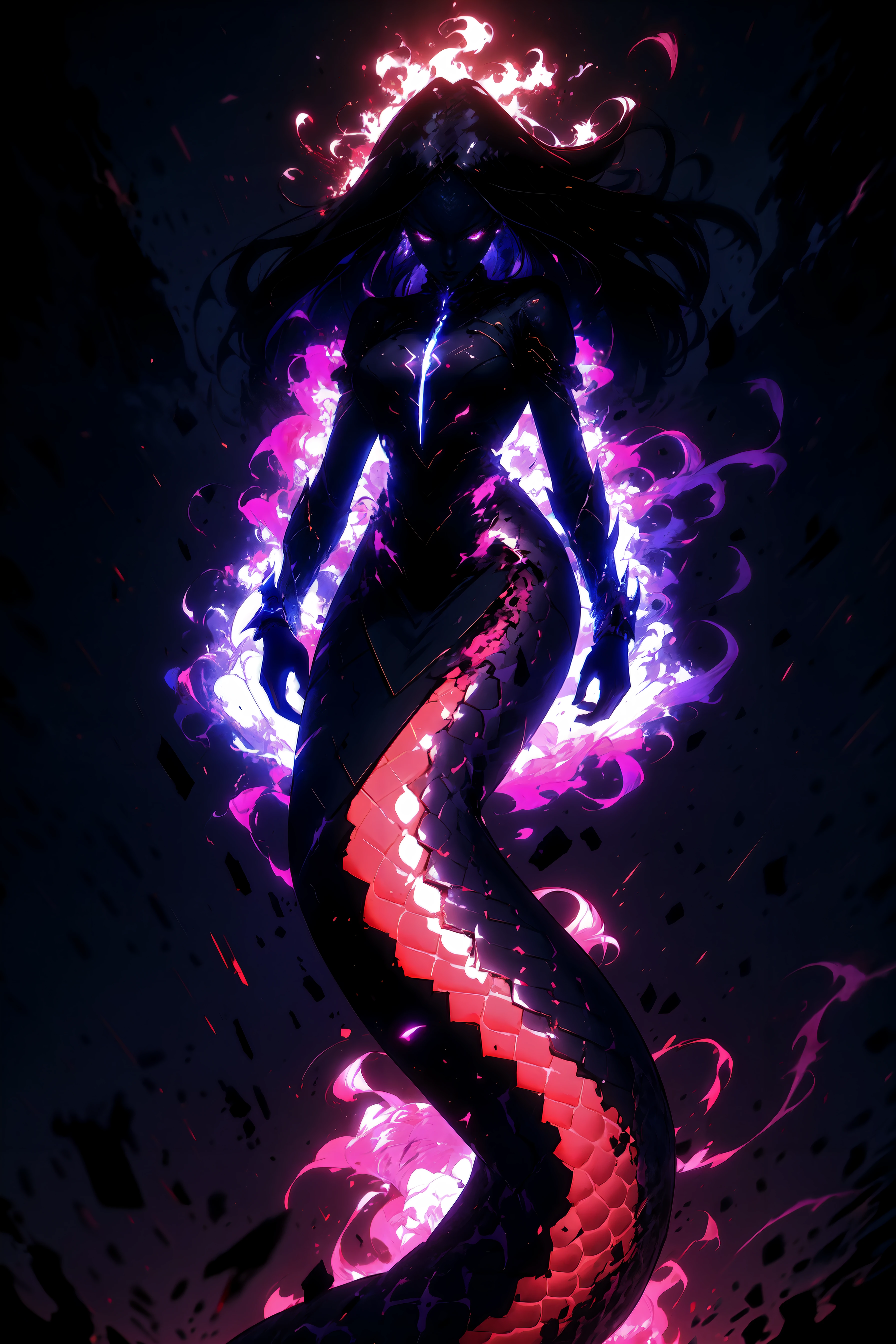 masterpiece, best quality, ultra high res, beautiful, visually stunning, elegant, incredible details, award-winning painting, (dark art:1.1), deep shadow, (dark theme:1.2), <lora:r1ge - AnimeRage-000011:1>, glowing, aura, energy, flying debris, <lora:LAMIA-SERY-CONCEPT:1>, lamia, long hair, scales, monster girl, floating hair,