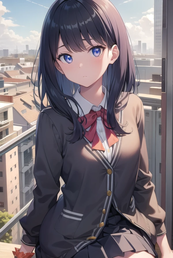 rikkatakarada, <lora:rikkatakaradatest:1>, rikka takarada, black hair, blue eyes, long hair, orange scrunchie, scrunchie, wrist scrunchie, (small breast:1.2),
BREAK black footwear, black skirt, bow, bowtie, buttons, cardigan, collared shirt, long sleeves, microskirt, pleated skirt, red bow, red bowtie, red socks, school uniform, shirt, shoes, skirt, socks, thighs, white cardigan, white shirt,
BREAK outdoors, city,
BREAK looking at viewer, 
BREAK <lora:GoodHands-vanilla:1>, (masterpiece:1.2), best quality, high resolution, unity 8k wallpaper, (illustration:0.8), (beautiful detailed eyes:1.6), extremely detailed face, perfect lighting, extremely detailed CG, (perfect hands, perfect anatomy),
