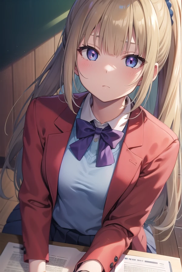 keikaruizawa, <lora:keikaruizawatest:1>, kei karuizawa, long hair, bangs, blunt bangs, (purple eyes:1.1), blonde hair, shirt, hair ornament, ponytail, scrunchie, blue scrunchie, (small breast:1.2),
BREAK skirt, shirt, bow, school uniform, jacket, (red jacket:1.2), pleated skirt, bowtie, sweater, (blue bow:1.2), (blue shirt:1.2),
BREAK indoors, classroom,
BREAK looking at viewer, BREAK <lora:GoodHands-vanilla:1>, (masterpiece:1.2), best quality, high resolution, unity 8k wallpaper, (illustration:0.8), (beautiful detailed eyes:1.6), extremely detailed face, perfect lighting, extremely detailed CG, (perfect hands, perfect anatomy),