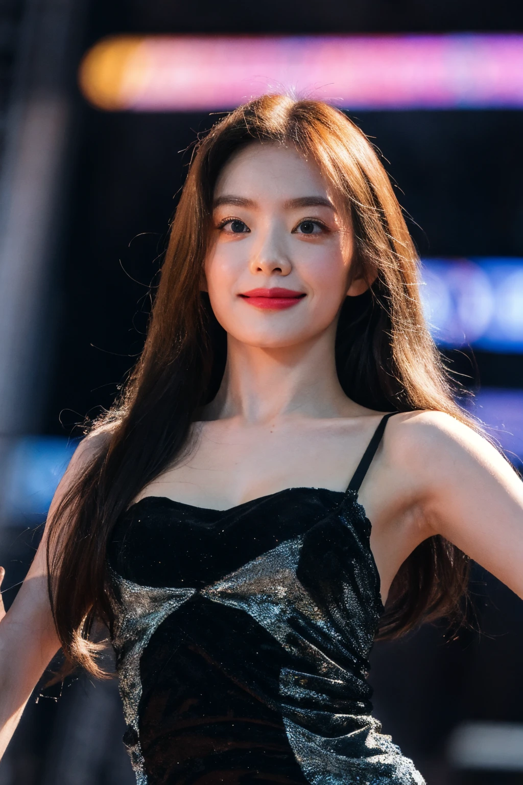 nikon RAW photo,8 k,Fujifilm XT3,close up photo, masterpiece, best quality, 1girl,solo,realistic, photorealistic, (extremely detailed face), ultra-detailed eyes and pupils, looking at viewer, ultra detailed, serious expression, slender figure, standing against a city skyline at night, (latex dress), sleeveless, tiny waist, big hip, (smile), petite, arms, <lora:irenelorashy:1>