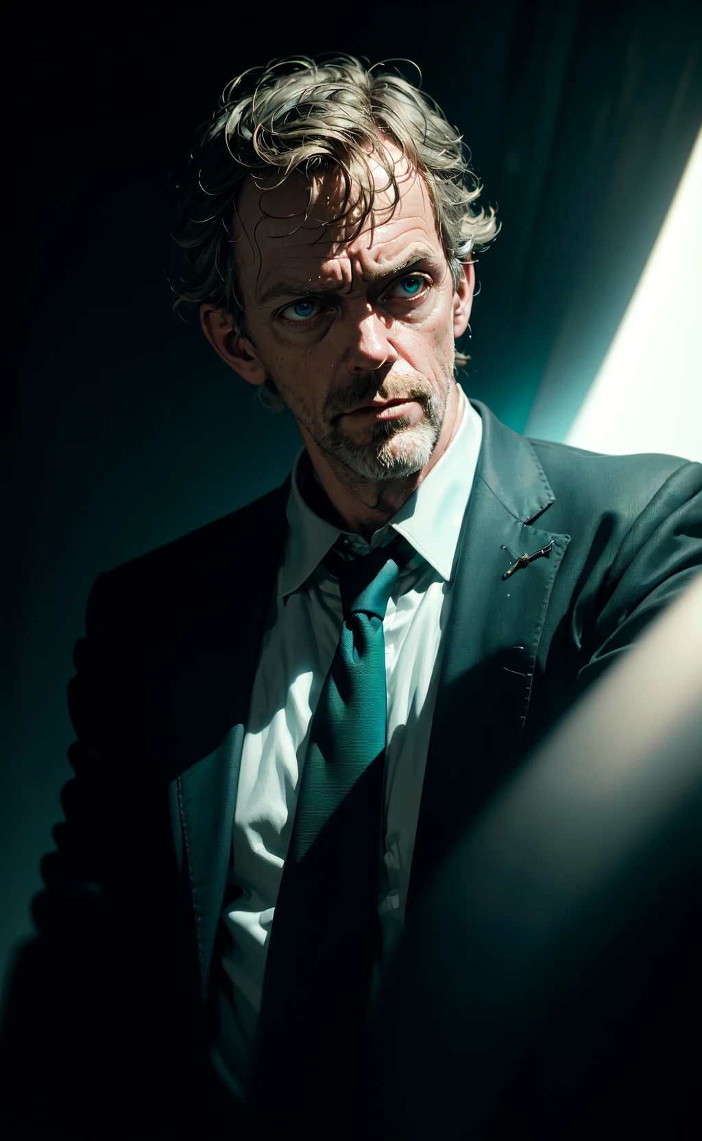portrait of a award winning photo of hugh laurie posing in a dark studio, (rim lighting,:1.4) two tone lighting, sharp focus, teal hue, octane, unreal, dimly lit, low key