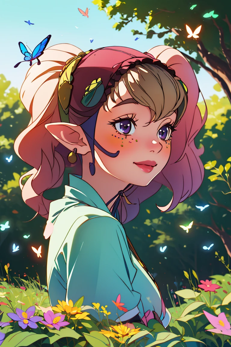 ((masterpiece,best quality)), absurdres,
<lora:Agitha_Zelda:0.9>, Agitha_Zelda, 1girl, solo, happy, detailed face, upper body,
forest, flowers, and butterflies in background, cinematic composition,
