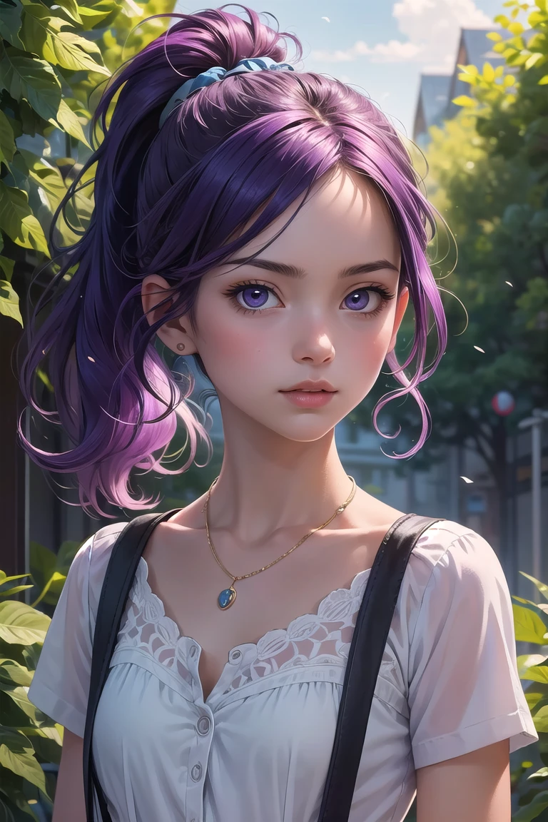 (masterpiece, best quality:1.4), high detail, (detailed face), detailed eyes, detailed background,dramatic lighting, 1girl, Flying hair, looking at viewer, upper body, (suspenders), ponytail, violet hair, sunlight, outdoors, necklace <lora:more_details:0.3> <lyco:GPTS4 dreamwave full_478773:0.3> <lyco:GoodHands-beta2:1.0>