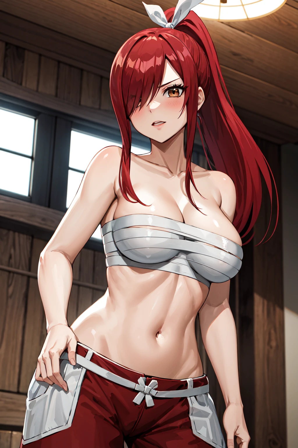 masterpiece, best quality, highres, fairy tail, 1girl, long hair, red hair, ponytail, white ribbon, hair over one eye, brown eyes, large breasts, collarbone, chest sarashi, bandage, bare arms, midriff, red hakama, red pants, <lora:erza_v1:0.8>, cowboy shot, indoors, standing,