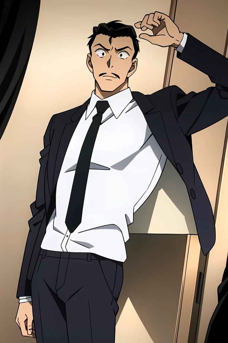 ((masterpiece)),((best quality)),ultra-detailed,illustratio,wallpaper,ultra highres,4K,photography,Mouri Kogorou,male focus, necktie, formal, suit, mustache, 1boy, blue necktie, short hair, shirt, solo focus, black hair, simple background, pants, white shirt, purple necktie, black eyes, long sleeves, collared shirt, multiple boys, black pants, black suit, brown hair, black jacket, 2boys, jacket, teeth, thick eyebrows, vest, wide-eyed, brown background, solo, clenched teeth,official style,anime screencap,meitantei conan,amusement park,<lora:Mouri Kogorou_:0.7>,Black leather shoes,Suit pants,