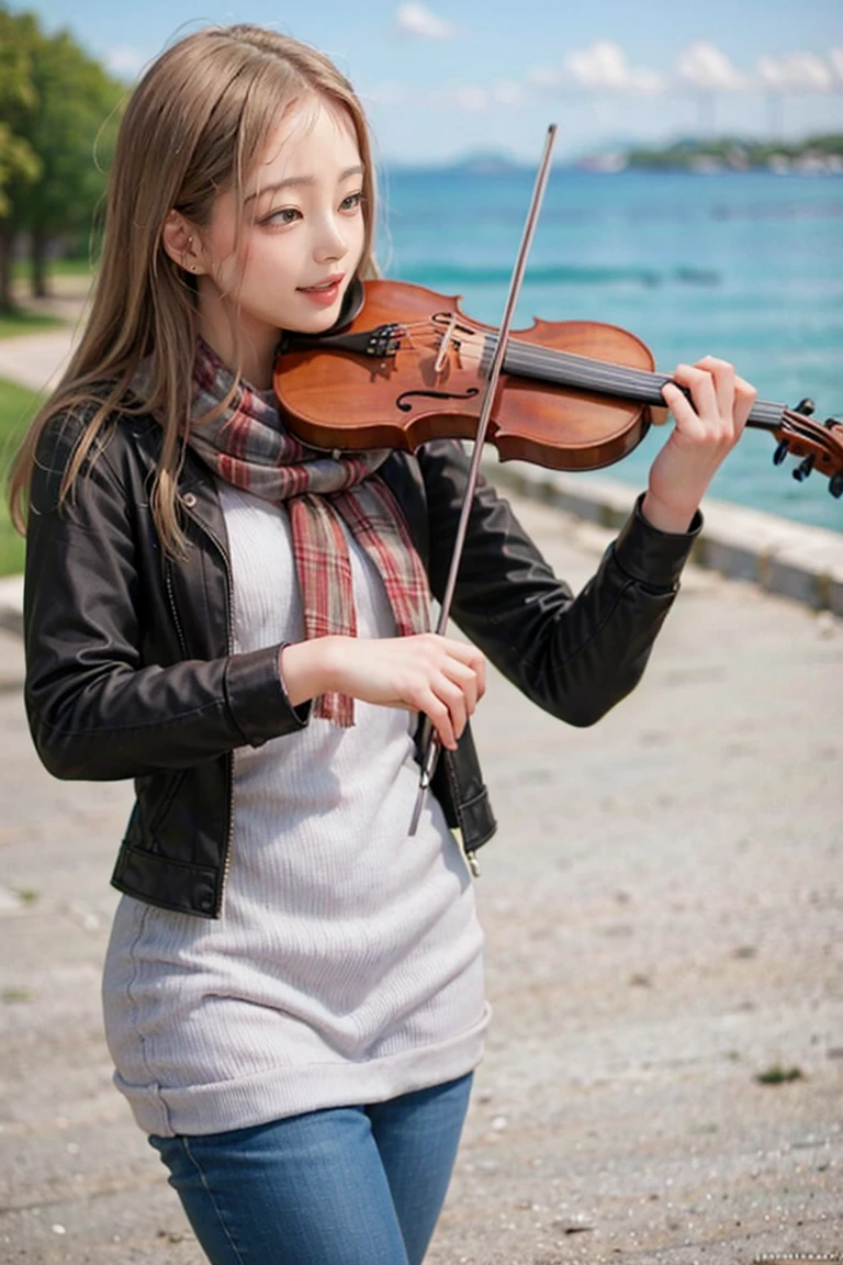 1girl, playing violin, violin, bow \(music\), snow, sitting on the bench of a park, leather jacket, winter, scarf, water, golden hair, (sitting),
best quality, 8k, masterpiece,
<lora:violin_v11-000008:0.67>