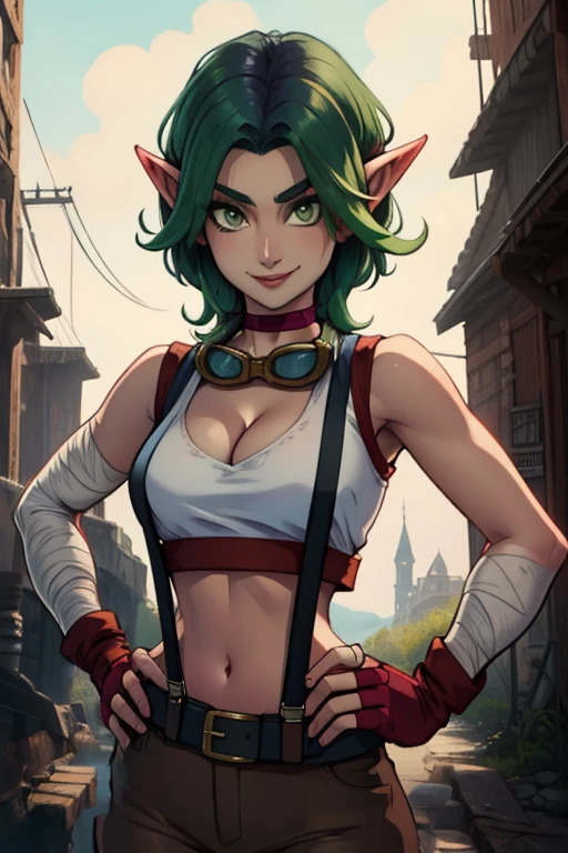 Kiera,green hair,pointy ears,green eyes,two-tone hair , solo, standing, smiling hands on hips, upper body,
Kieout,cleavage, goggles around neck ,suspenders, crop top ,belt, bare shoulders, bandages, pants, midriff, brown fingerless gloves, brown shoes
fantasy, repair shop,
(insanely detailed, beautiful detailed face, masterpiece, best quality) <lora:Kiera-08:0.7>