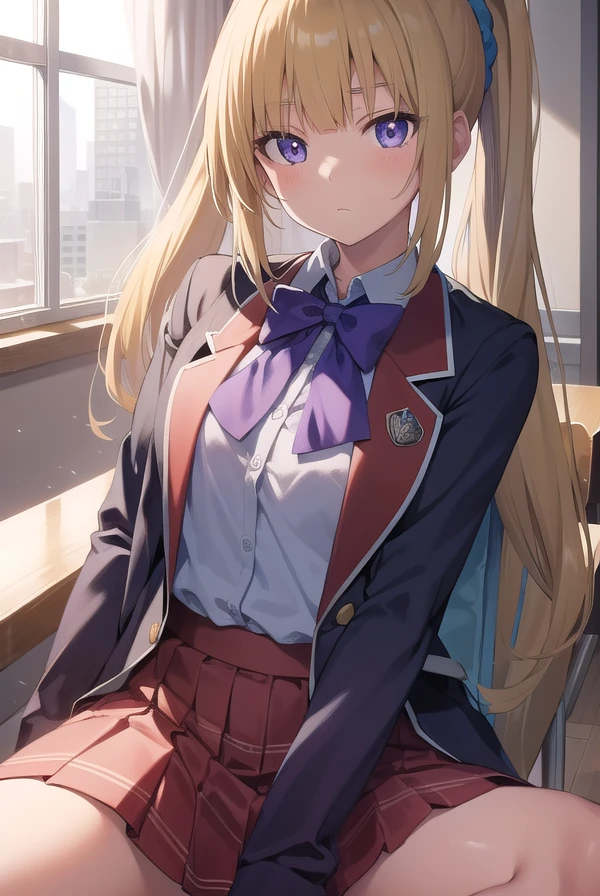 keikaruizawa, <lora:keikaruizawatest:1>, kei karuizawa, long hair, bangs, blunt bangs, (purple eyes:1.1), blonde hair, shirt, hair ornament, ponytail, scrunchie, blue scrunchie, (small breast:1.2),
BREAK skirt, shirt, bow, school uniform, jacket, (red jacket:1.2), pleated skirt, bowtie, sweater, (blue bow:1.2), (blue shirt:1.2),
BREAK indoors, classroom,
BREAK looking at viewer, BREAK <lora:GoodHands-vanilla:1>, (masterpiece:1.2), best quality, high resolution, unity 8k wallpaper, (illustration:0.8), (beautiful detailed eyes:1.6), extremely detailed face, perfect lighting, extremely detailed CG, (perfect hands, perfect anatomy),