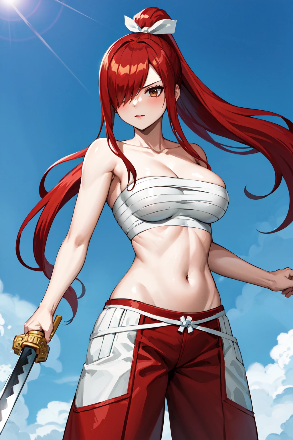 masterpiece, best quality, highres, fairy tail, 1girl, long hair, red hair, ponytail, white ribbon, hair over one eye, brown eyes, large breasts, collarbone, chest sarashi, bandage, bare arms, midriff, red hakama, red pants, <lora:erza_v1:0.8>, standing, holding weapon, sword, katana, outdoors,