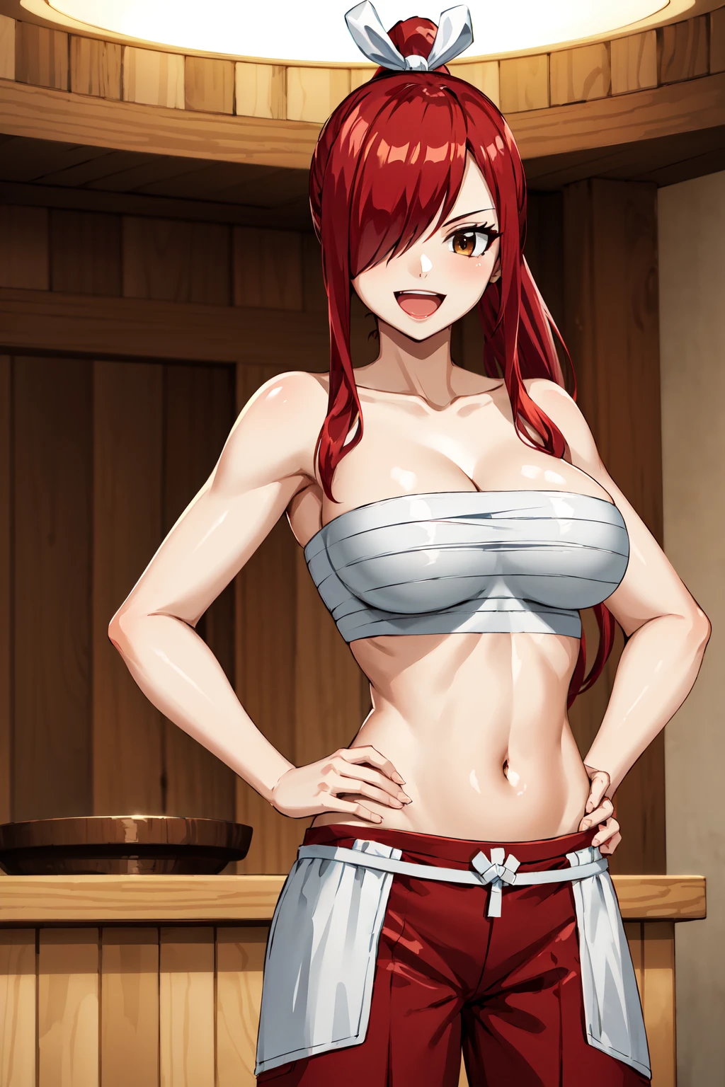 masterpiece, best quality, highres, fairy tail, 1girl, long hair, red hair, ponytail, white ribbon, hair over one eye, brown eyes, large breasts, collarbone, chest sarashi, bandage, bare arms, midriff, red hakama, red pants, <lora:erza_v1:0.8>, smile, open mouth, indoors, hand on hip,