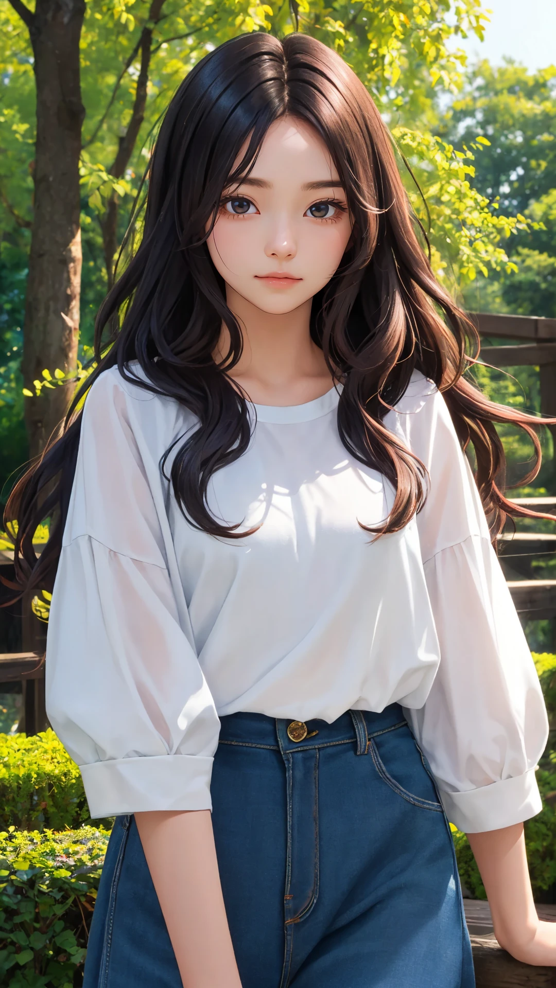 (Long hair with natural waves), (character on front), outdoors, dark hair, dark eyes, lady, masterpiece, best quality, looking at viewer,
day,