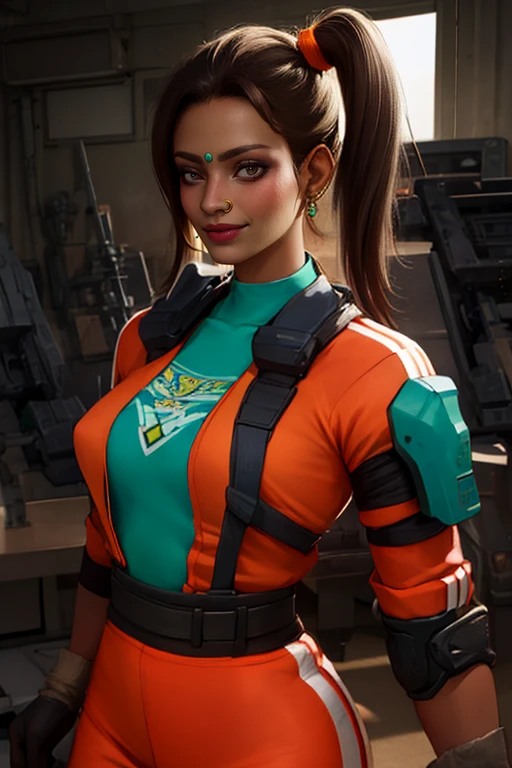 Rampart,dark skin,forehead jewel ,nose piercing,side ponytail ,brown hair, solo, standing, smiling, upper body,
RampJS,jewelry,orange jumpsuit with white srtipes,knee pads , right glove, green crop top,
tool shop, morning, grease, oil marks, science fiction,
(insanely detailed, beautiful detailed face, masterpiece, best quality)
<lora:Rampart-10v3:0.7> realistic,