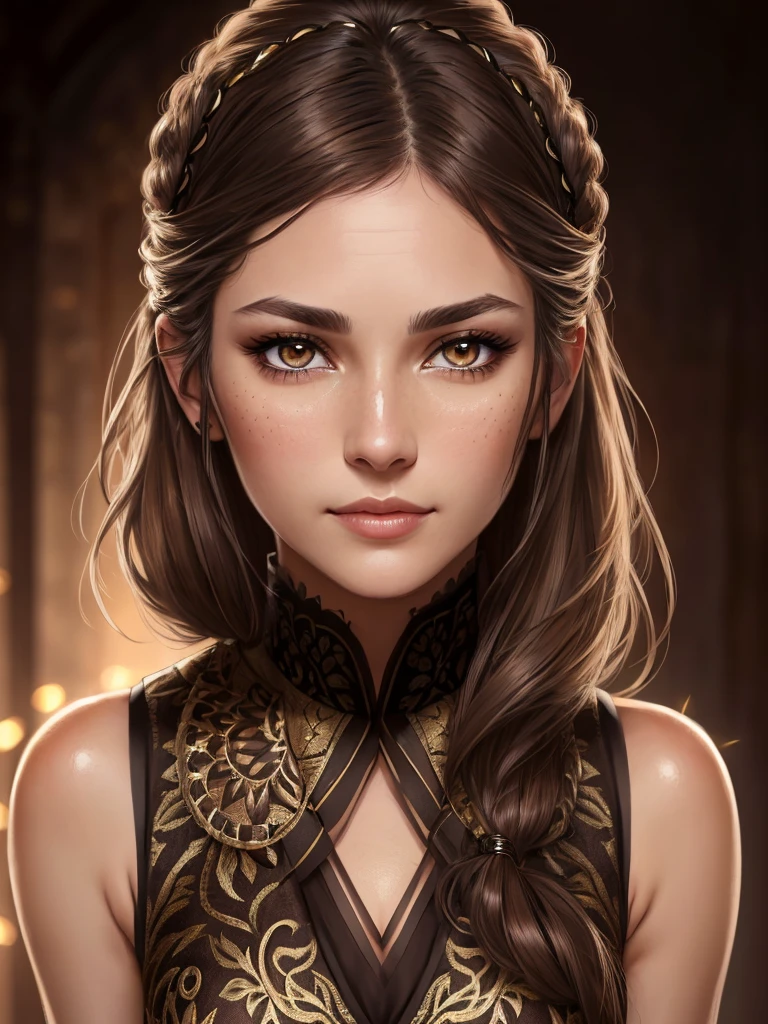 highly detailed photo of a woman WEARING A BROCADE VEST, Dark chocolate brown hair color, Brown colored eyes, AS-Adult EyeDetail fFaceDetail SkinHairDetail overalldetail, ((Medium Shot, Single Shot, hip Level Shot, Full Front Staging, Looking At Viewer, Face, Front)),