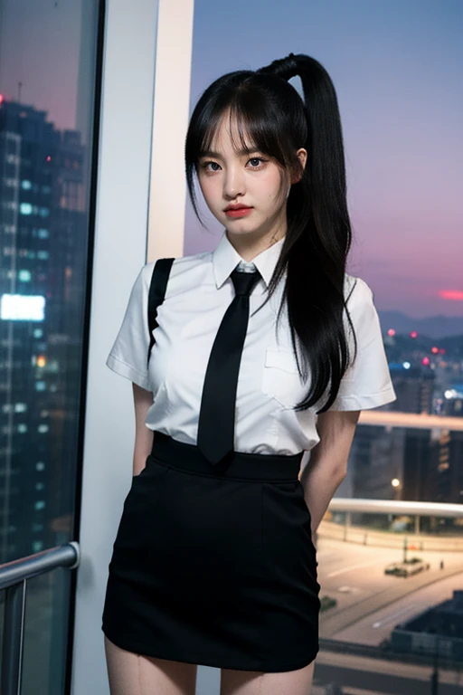 nikon RAW photo,8 k,Fujifilm XT3,close up photo, masterpiece, best quality, 1girl,solo,realistic, photorealistic, (extremely detailed face), ultra-detailed eyes and pupils, ultra detailed, high ponytail, serious expression, slender figure, standing against a city skyline at night, business suits,shirts,Suit skirt, arms behind back, <lora:lizlorashy:1>