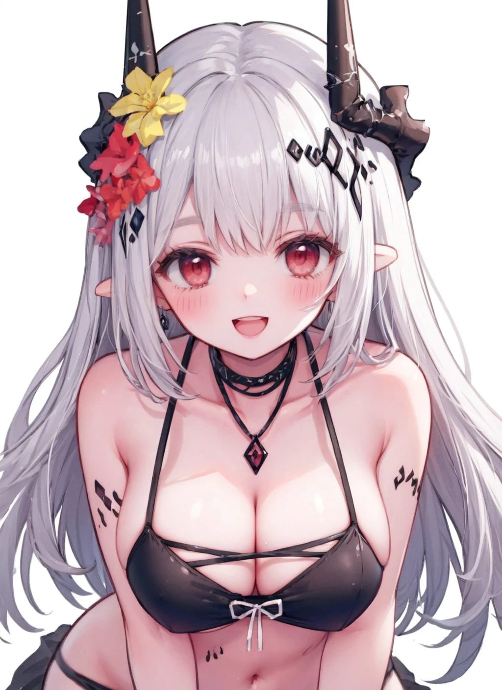 mdrk, black bikini, 1girl, breasts, solo, jewelry, large breasts, cleavage, white background, simple background, blush, smile, open mouth, looking at viewer, leaning forward, collarbone, cowboy shot, :d, red flower,
,<lora:MudrockSilentNightV2Normal:1>,