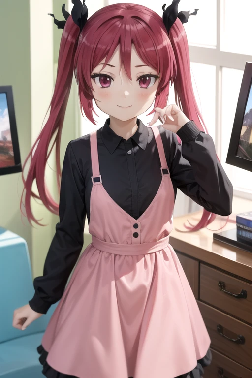 (((picture perfect))), (absurdres), 1girl, solo, <lora:cthuko-nyaruko:0.8>, cthuko, pink dress, black shirt under dress, long sleeves, smile, looking at viewer