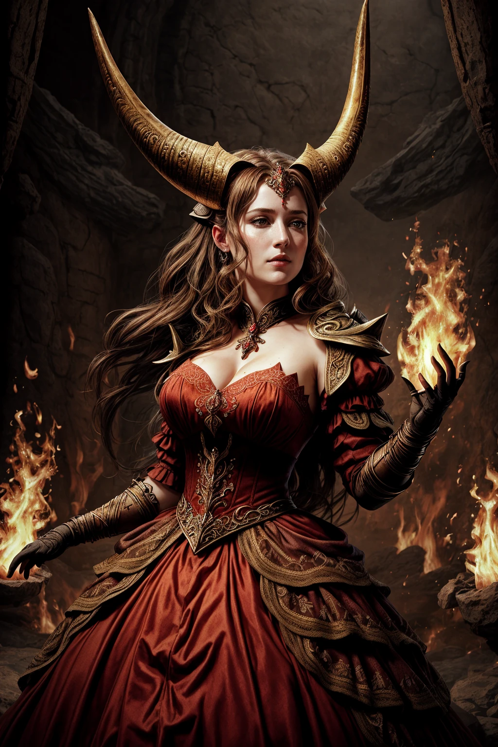 ((Masterpiece, best quality,photography, detailed skin, realistic, photo-realistic, 8k, highly detailed, full length frame, High detail RAW color art, diffused soft lighting, shallow depth of field, sharp focus, hyperrealism, cinematic lighting,close up)),
(edgIfrit_dress:1.2),ballgown a woman in a demonic edgIfrit_dress ,horns, fire and brimstone
<lora:edgIfritGowns:0.8>