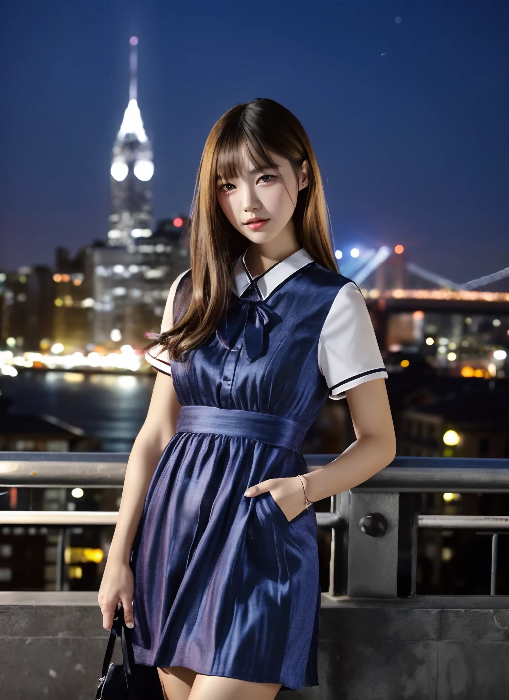 best quality, raw, photography, ultra high res,(photorealistic:1.4),1 girl, solo, outdoor,beauty, dress, cityscape, blurry background, night,