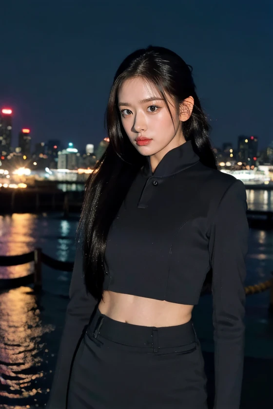 nikon RAW photo,8 k,Fujifilm XT3,close up photo, masterpiece, best quality, 1girl,solo,realistic, photorealistic, ((looking at viewer)), (extremely detailed face), ((ultra-detailed eyes and pupils)), ultra detailed, high ponytail, serious expression, slender figure, standing against a city skyline at night, business suits,shirts,Suit skirt, ((abs)), <lora:yujinlorashy:1>