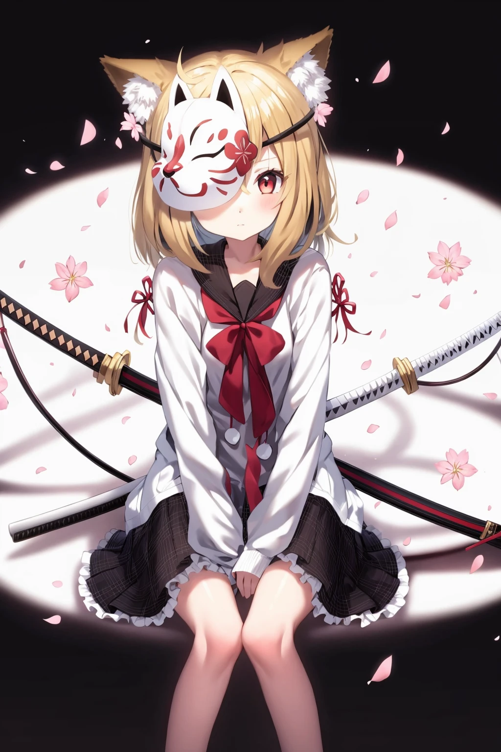 1girl, blonde hair, fox ears, fox mask, katana, short hair, miniskirt, box, [(white background:1.5):::5], simple background, red eyes, stairs, cherry blossoms, fox tail, covered one eyes, frills,