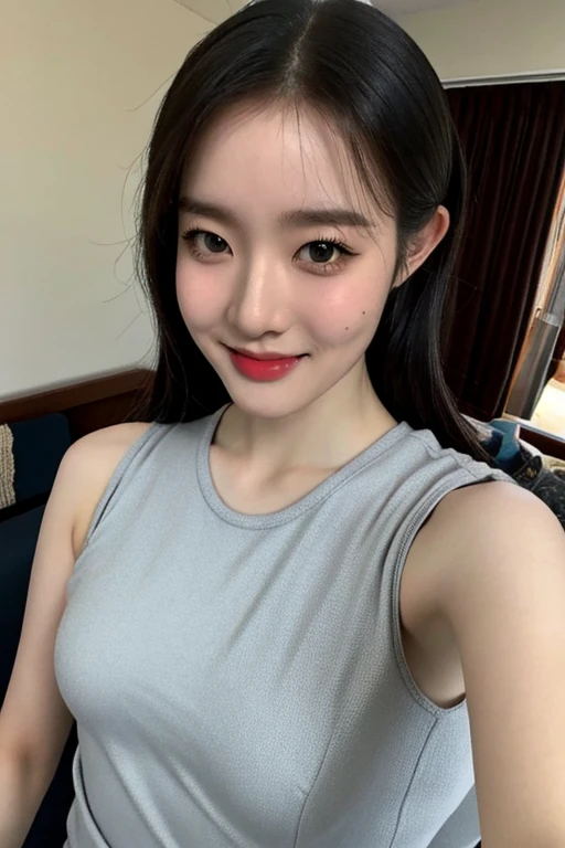 1girl,(masterpiece:1.2), (best quality:1.2), (extremely detailed), selfie from center front, (extremely detailed face), ultra-detailed eyes and pupils, broad shoulder, (ultra detailed), 8k, photorealistic, pretty face, smile, instagram shot, instagram style, in the bedroom, looking at viewer, facing front, smiling, perfect skin, cinematic lighting, fair skin, black hair, black eyes, portrait photo, slender, no makeup, nikon RAW photo, 8k ,Fujifilm XT3, photorealistic, detailed face, fair skin, perfect shape, slim face, indoors, dim lighting, sleeveless, armpits, petite, (looking at viewer:1.2), <lora:sieunlorashy:1>