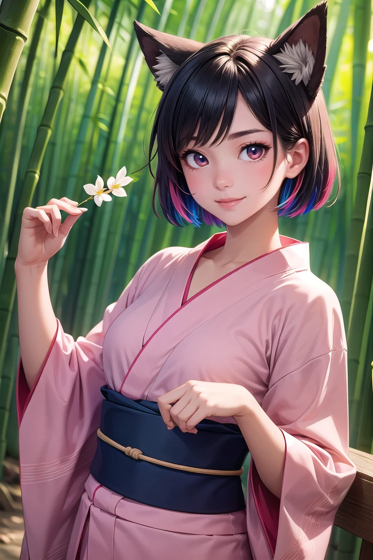 masterpiece, an extremely cute and beautiful girl, (finely detailed beautiful eyes and detailed face), 1girl, solo, cute, smile, animal ears, wolf ears, red eyes, cowboy shot, (bule detailed yukata), BREAK, Tanabata Festival, bamboo forest background,stylish pose, Atmospheric Perspective, multicolored hair, very short hair,<lora:more_details:0.3> ,<lyco:GoodHands-beta2:1.0>,