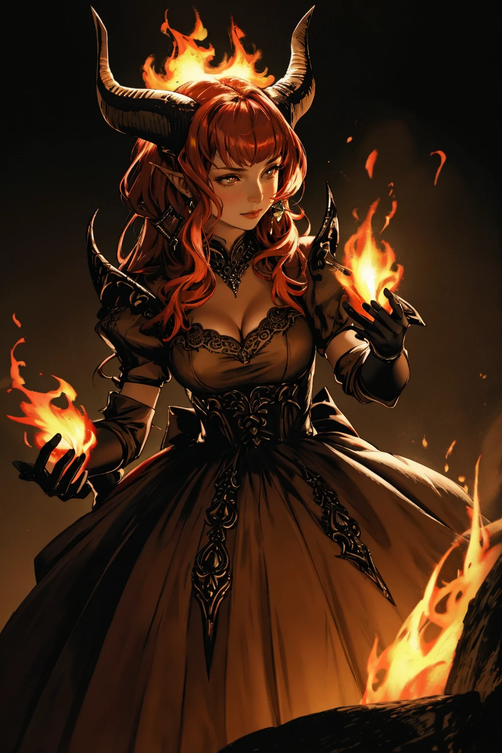 ((Masterpiece, best quality,photography, detailed skin, realistic, photo-realistic, 8k, highly detailed, full length frame, High detail RAW color art, diffused soft lighting, shallow depth of field, sharp focus, hyperrealism, cinematic lighting,close up)),
(edgIfrit_dress:1.2),ballgown a  woman  in a demonic edgIfrit_dress ,horns, fire and brimstone
<lora:edgIfritGowns:0.8>