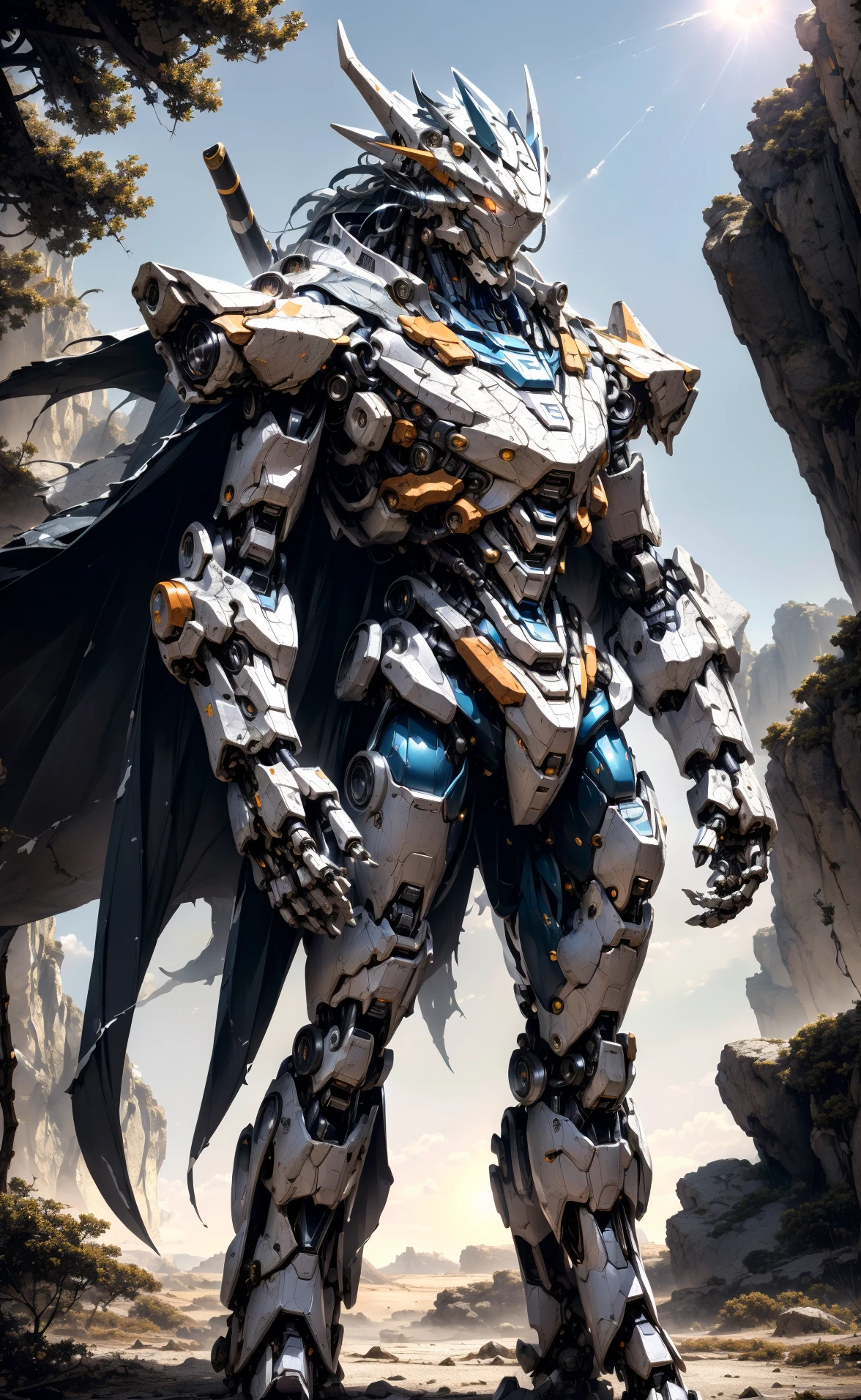 cgmech,
solo, white mecha robot, cape, science fiction, torn clothes, glowing, standing, robot joints, mecha, armor, cowboy shot, (floating cape), intense sunlight, silver dragonborn, outdoors, landscape, nature
, ((masterpiece, best quality)),  <lora:cgmechmix_offset:1><lora:more_details:0.3>  <lora:Niji:0.5><lora:dragonborn_offset:0.7>