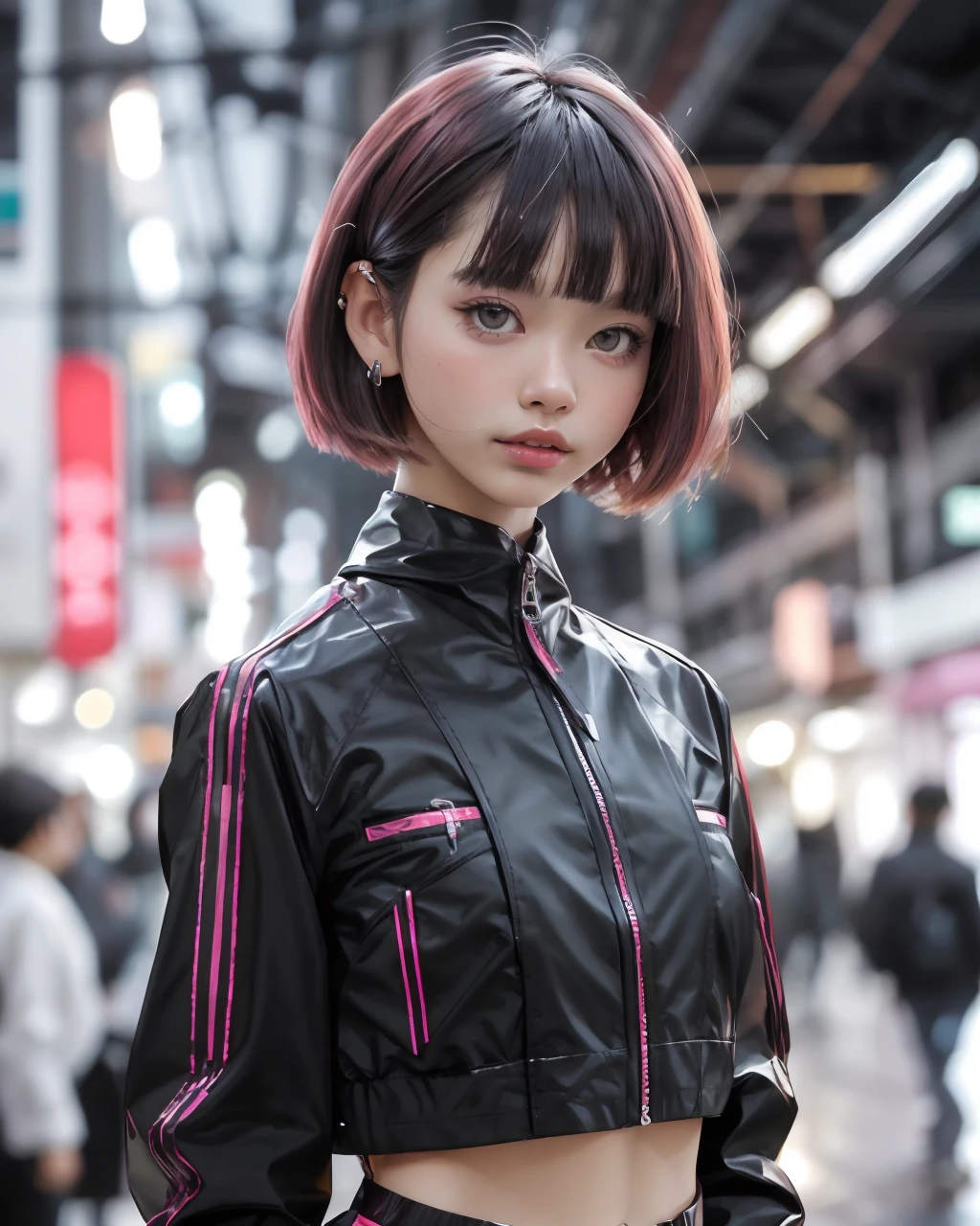 best quality, cyber sttyle girl, 1girl, solo, short hair, blurry background, <lora:cyber_style_girl_v1:0.7>
