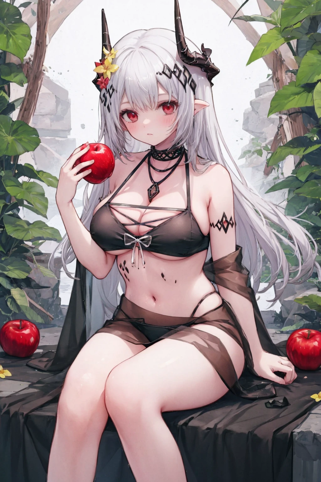 mdrk, horns, black bikini, black ribbon, 1girl, apple, food, fruit, solo, holding food, holding fruit, breasts, jewelry, holding, necklace, sitting, flower, huge breasts, feet out of frame, cleavage, nature, sarong ,<lora:MudrockSilentNightV2Horns:1>,